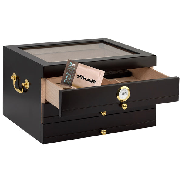 Humidor Supreme® Palermo Desktop Humidor 3 Drawers, Lined with Premium Kiln-Dried Spanish Cedar, Tempered Top, Glass Hygrometer with Brass Ring, Holds Up to 150 Cigars, Brown